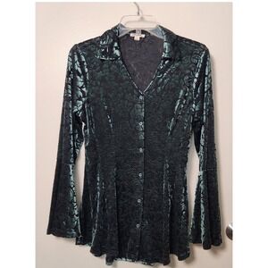 Ultra Pink Green Velvet Burnout S‎ Mesh Bell Sleeve Peplum Blouse Whimsigoth